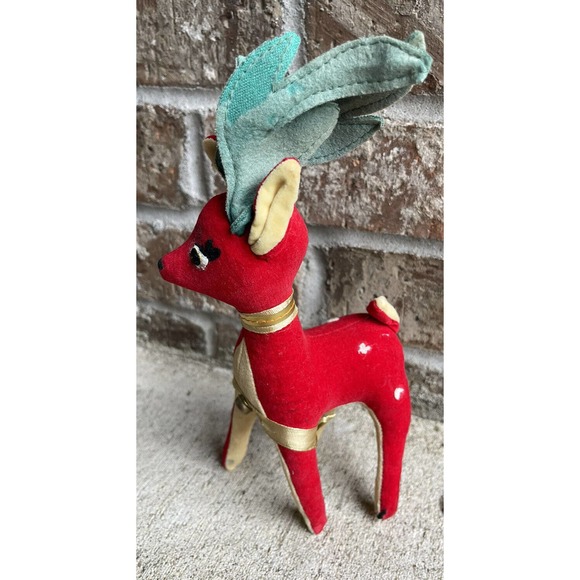 Set of 2 Vintage Fun Farm Christmas Red Velveteen 10" Reinder Plush Figurines - Picture 3 of 11